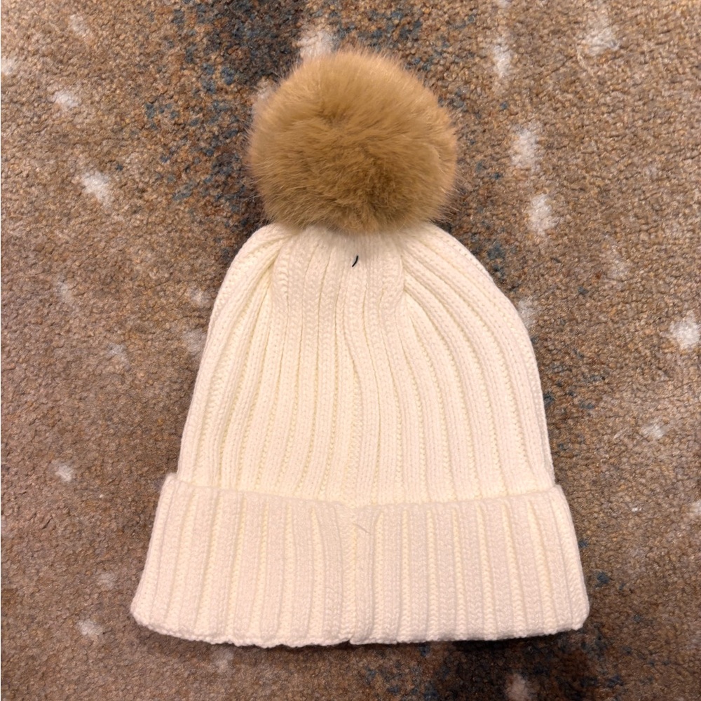 Calvin Klein White Knit Beanie with Brown Pom NWOT - Picture 4 of 4